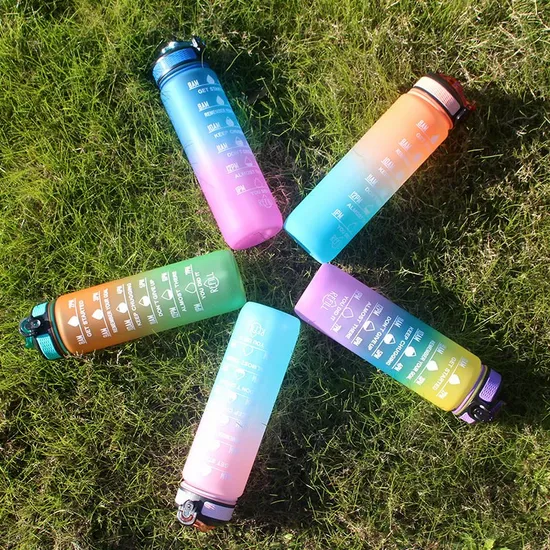 1L Frosted Tritan PC Plastic Motivational Time Marker Gradient Plain Color Water Bottle Remind to Drink 